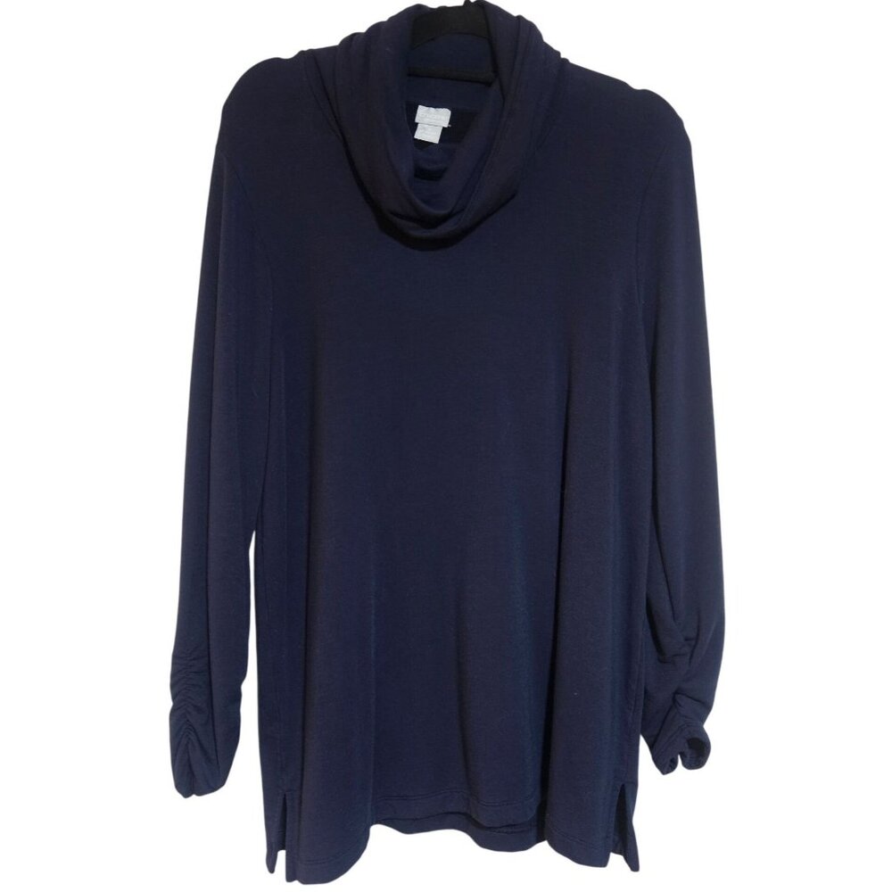 Chicos Navy Blue Cowl Neck Long Sleeve Top Ruched Sleeves Side Slits Size XL Lyo